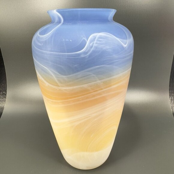 Vintage MCM Herner Glass Heavy Tall Glass Vase Vessel White Swirl Multicolor - Picture 8 of 15